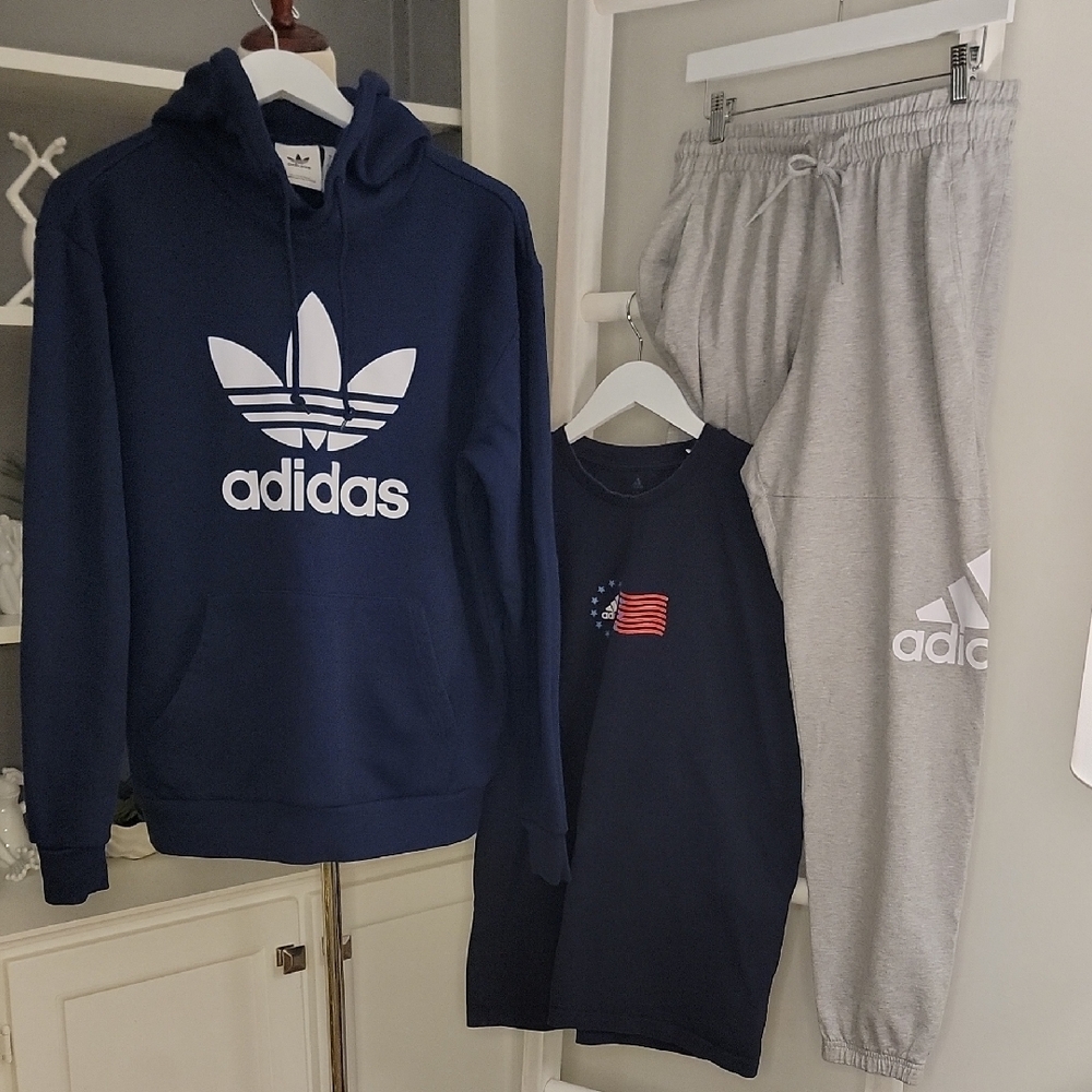 Mens Adidas Navy Hoodie Short Sleeve Joggers Set Size Medium